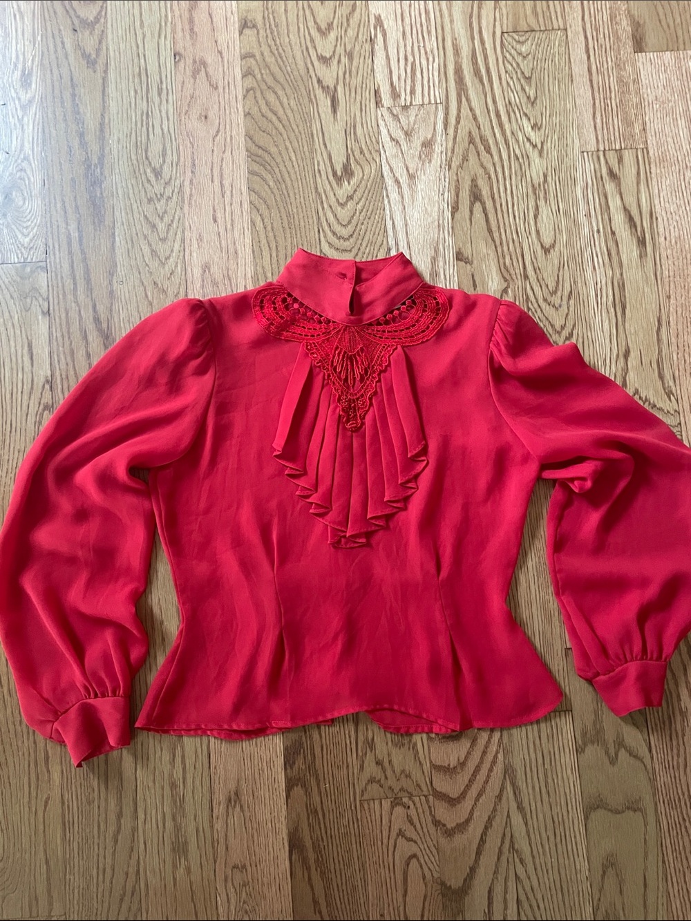 VTG Red Lace-Detail High-Neck Women's Blouse
